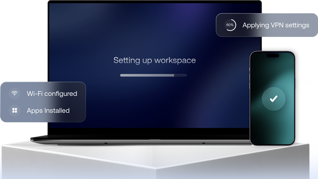 Laptop and smartphone being set up automatically, showing Hexnode UEM device and user provisioning from first boot.