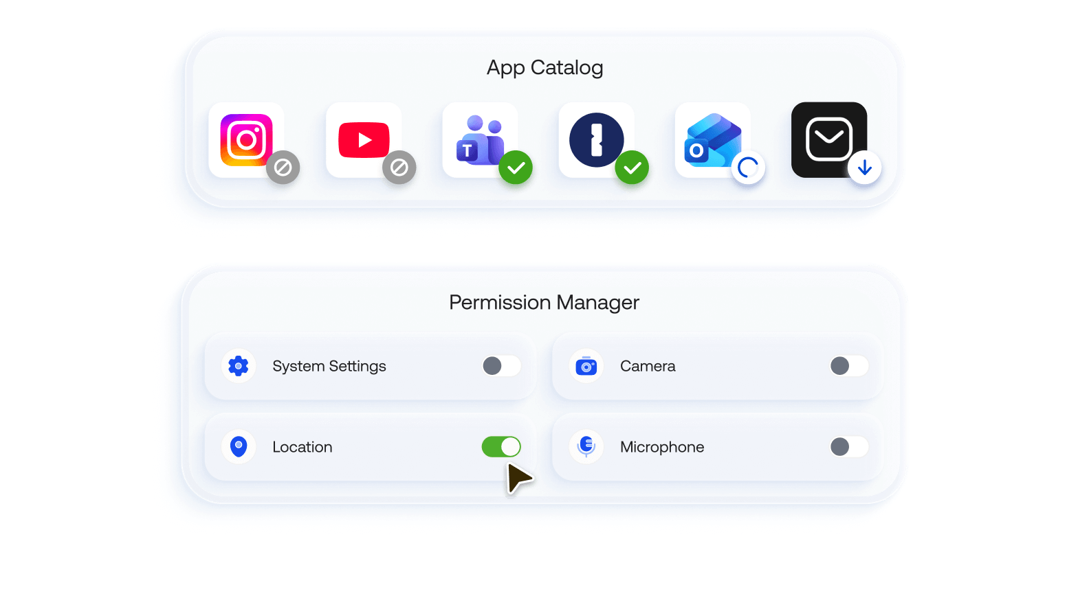 An app catalog interface showing approved apps and permission manager for toggling camera, location, and microphone access.