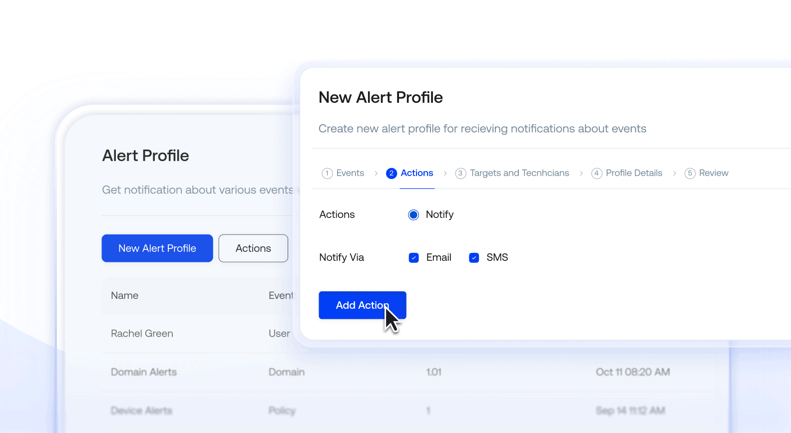 A user interface showing the "New Alert Profile" setup screen, with options selected to notify via email and SMS.