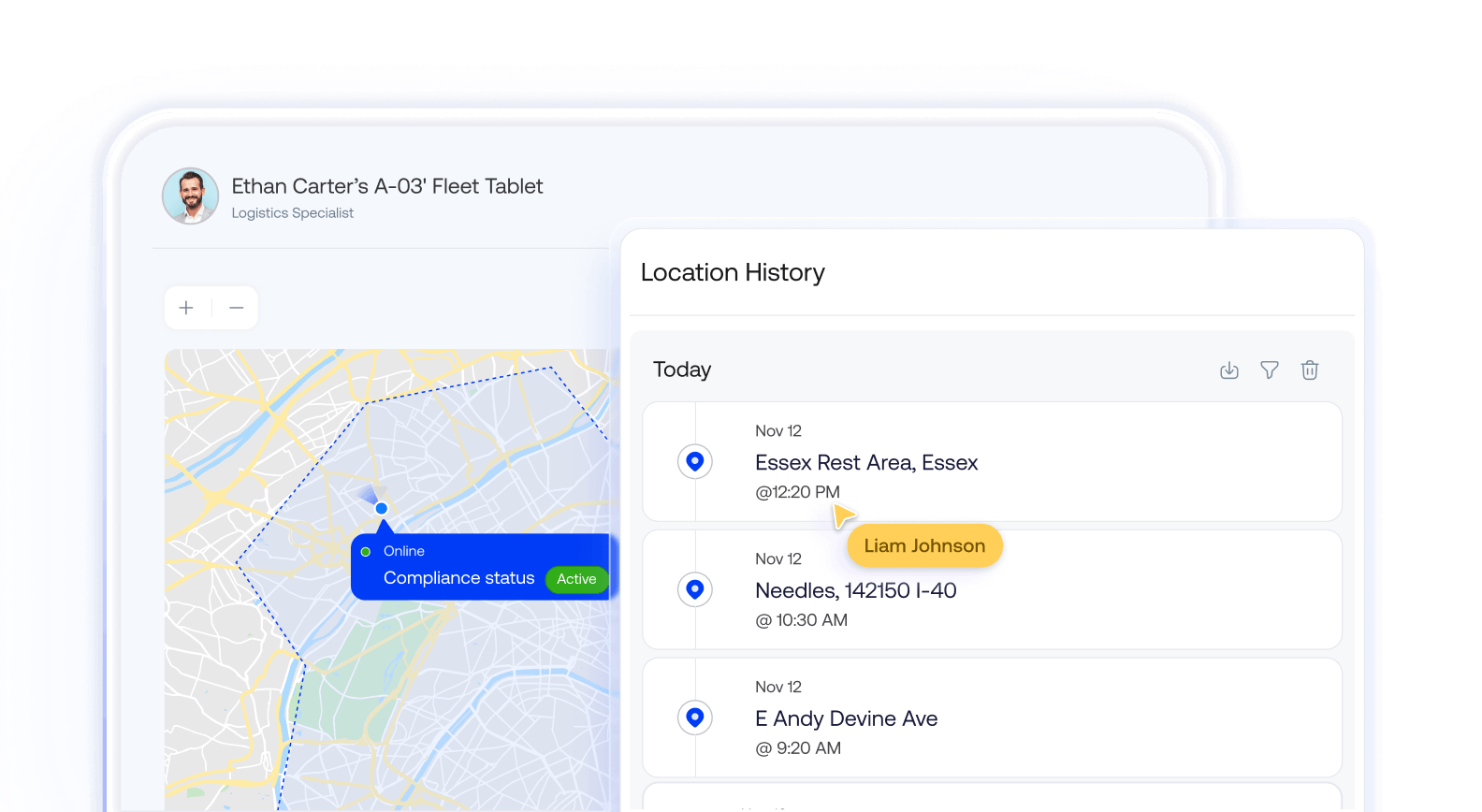 A detailed map view coupled with a chronological location history log, tracking a device's movements in real-time