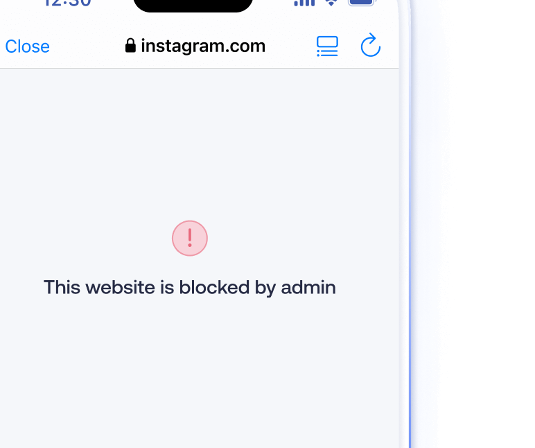A smartphone screen displaying a This website is blocked by admin notification, illustrating content filtering and secure browsing.