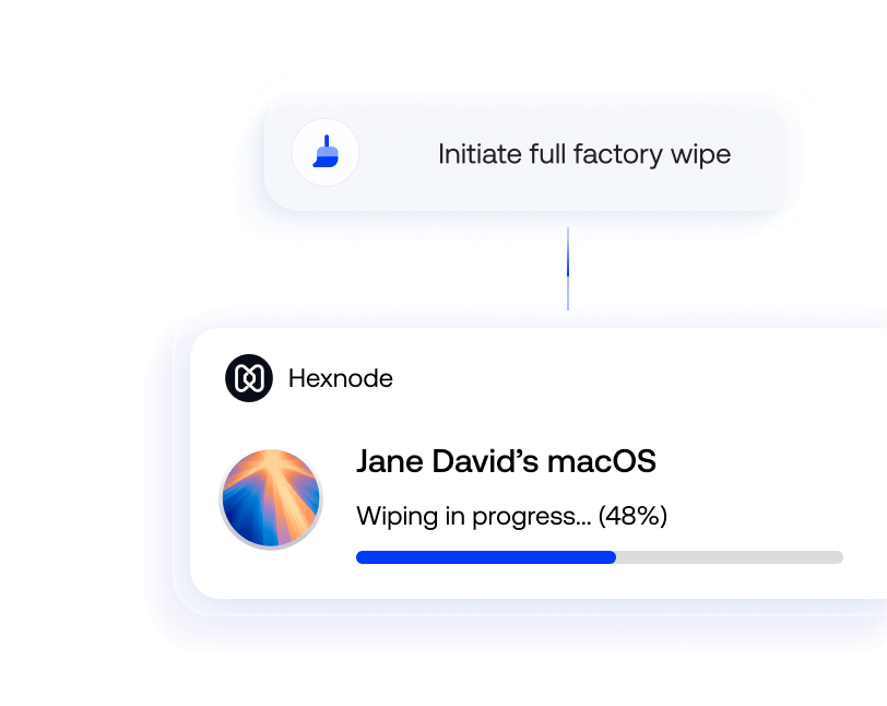 A status bar showing Wiping in progress for a lost MacBook, demonstrating the remote data erasure feature from the Hexnode portal.