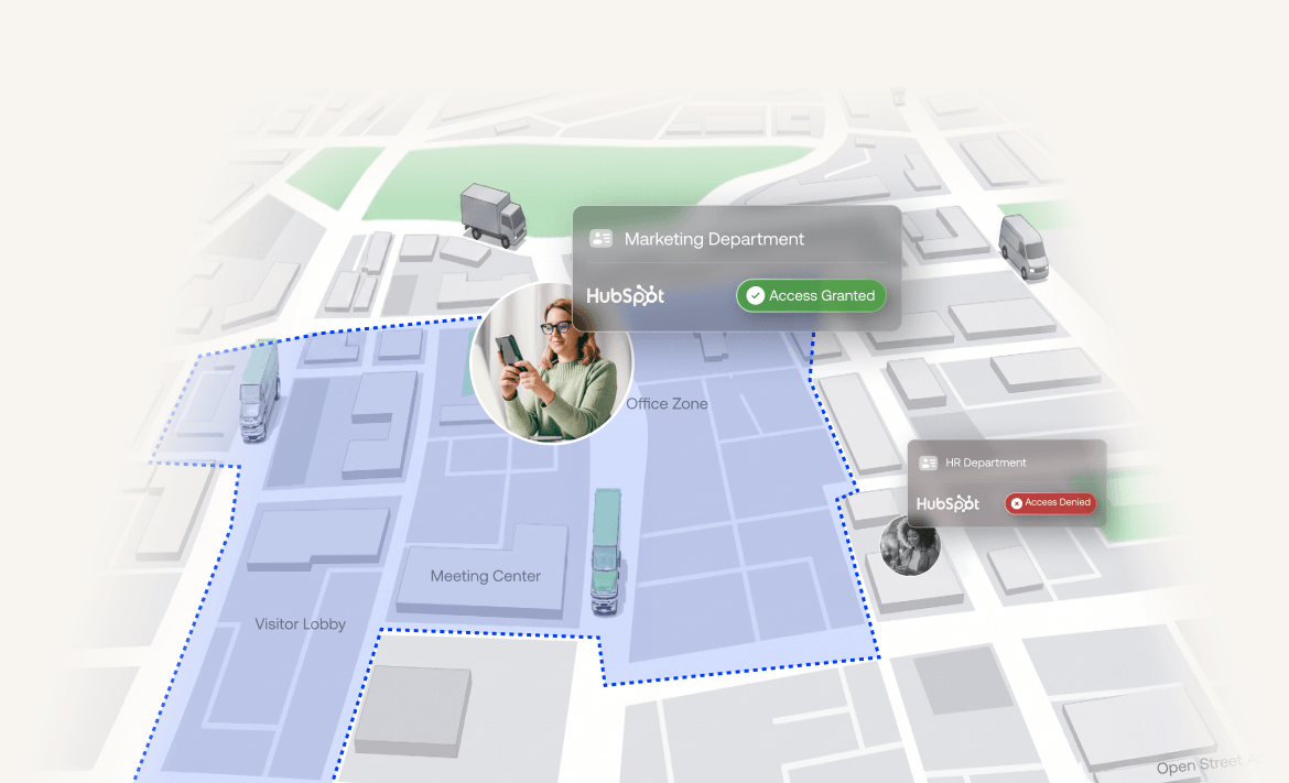 3D map of identity-based geofencing showing a user safely in a blue zone and an out-of-bounds user with a red warning sign.
