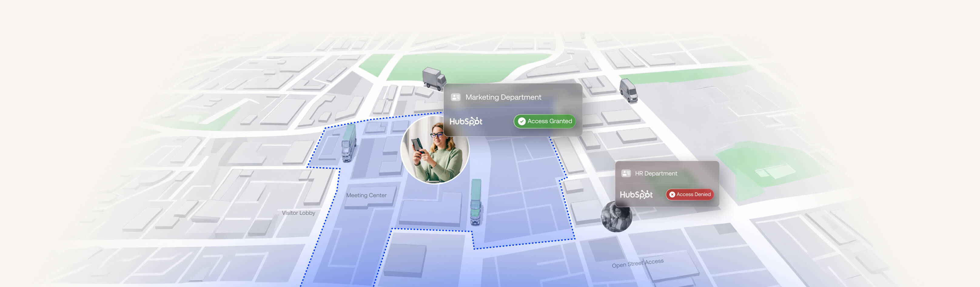 3D map of identity-based geofencing showing a user safely in a blue zone and an out-of-bounds user with a red warning sign.