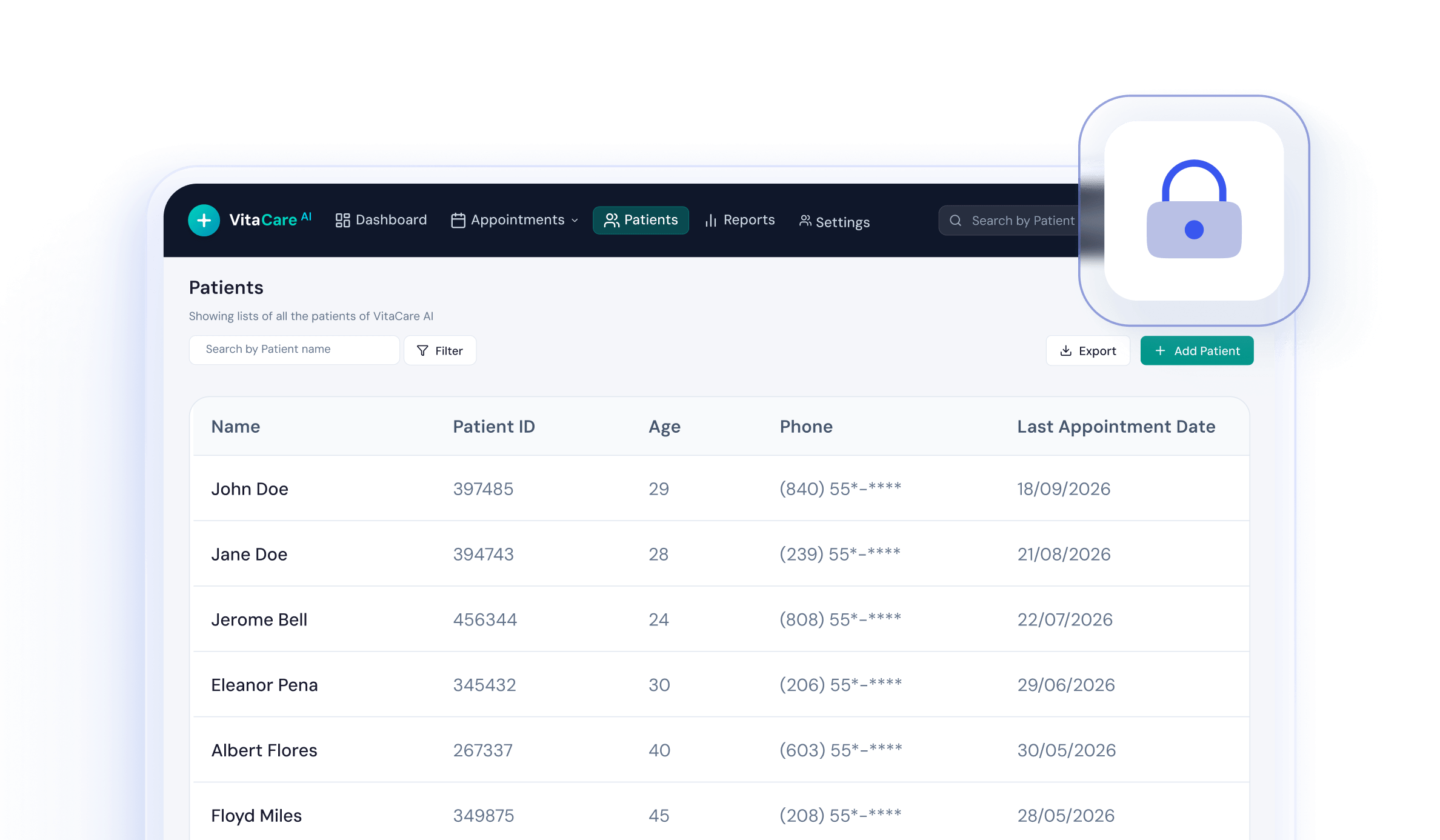 Patient management tablet locked in kiosk mode for essential clinical applications with Hexnode UEM.